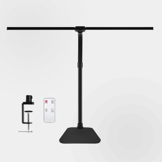 Black adjustable stand with remote control on a white background