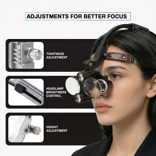 Dental binoculars with LED showing tightness brightness and height adjustments.