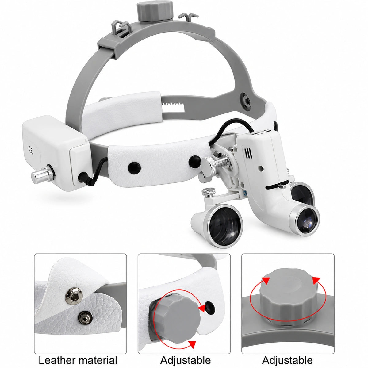 Dental loupes with leather headband and adjustable fit knobs for dentists.