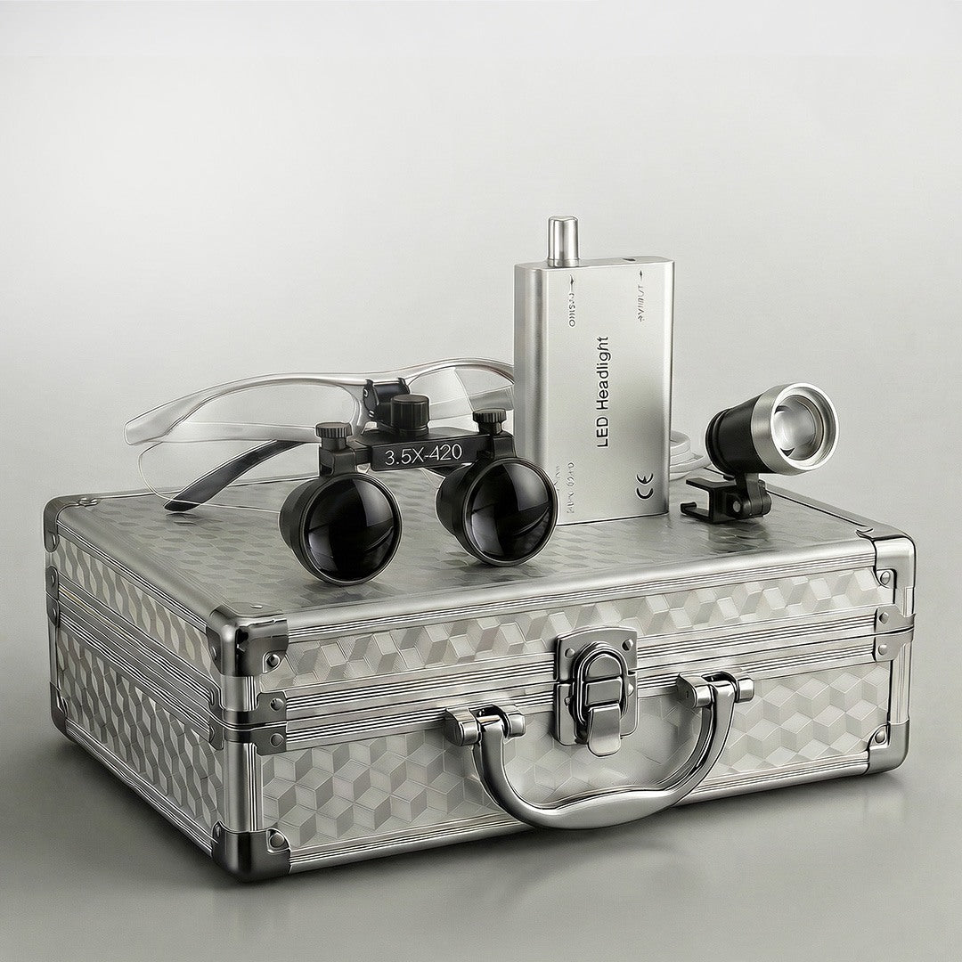 dental binoculars with headlight and carrying case in silver