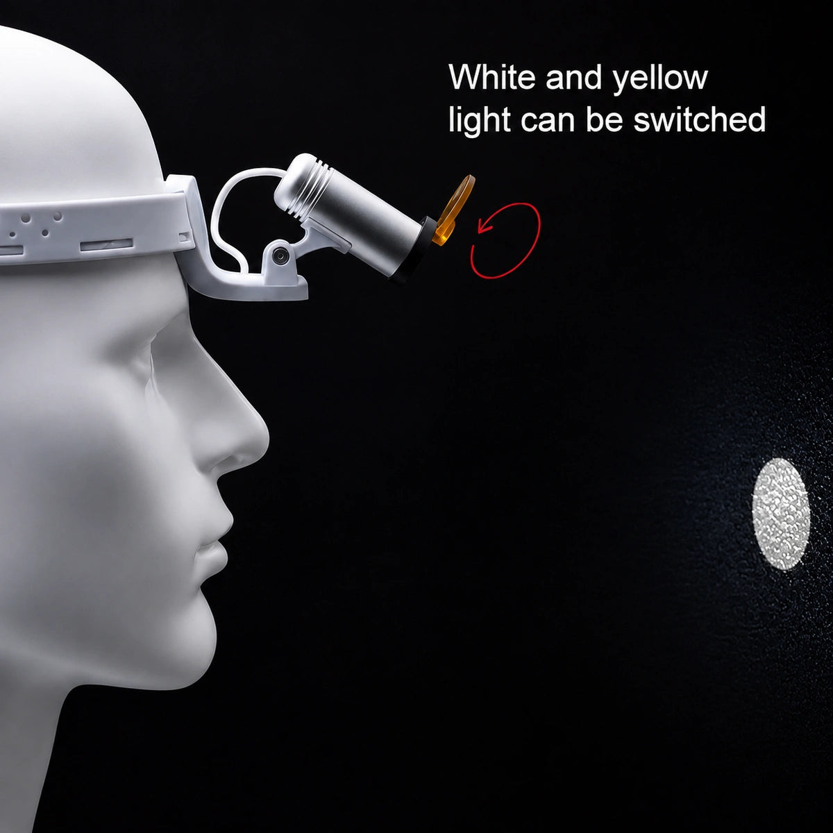 ProDental dental headlamp with switchable white and yellow light filter.