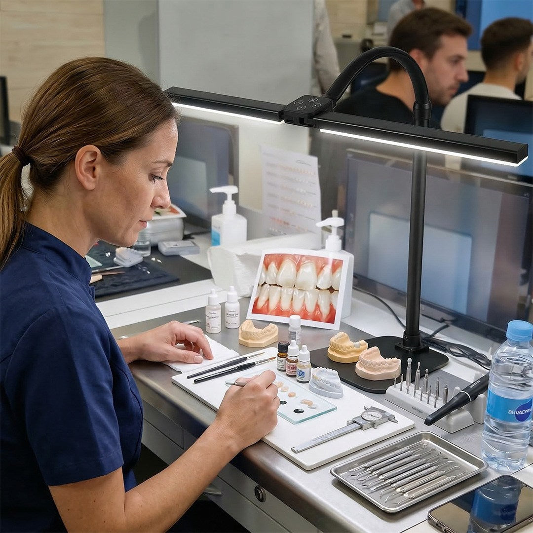 Person working at a dental lab station with dental tools and models.