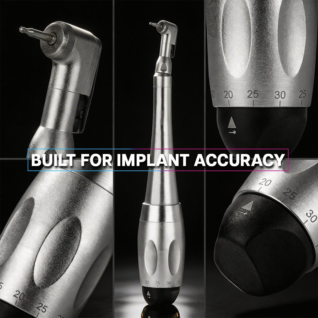 Dental tool with measurement scale and text 'Built for Implant Accuracy' on a black background