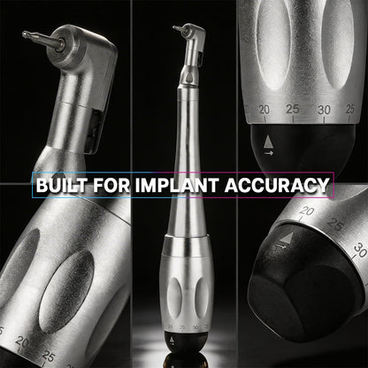 Dental tool with measurement scale and text 'Built for Implant Accuracy' on a black background