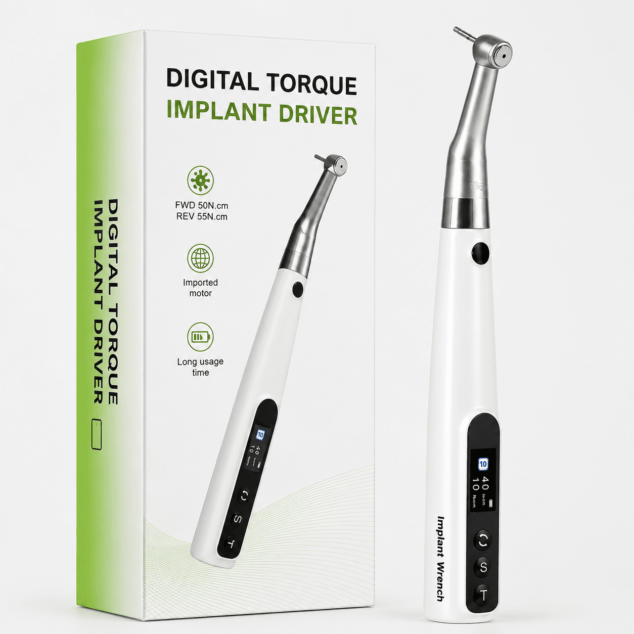 Digital torque implant driver with packaging on a white background