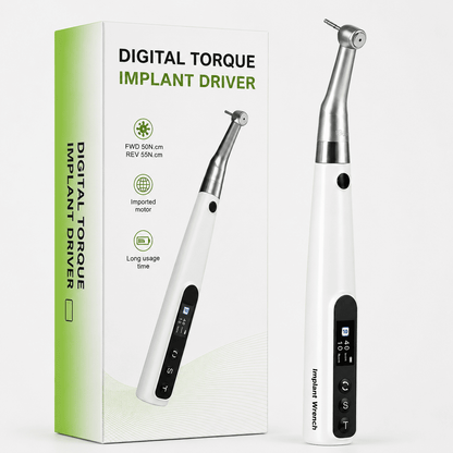 Digital torque implant driver with packaging on a white background