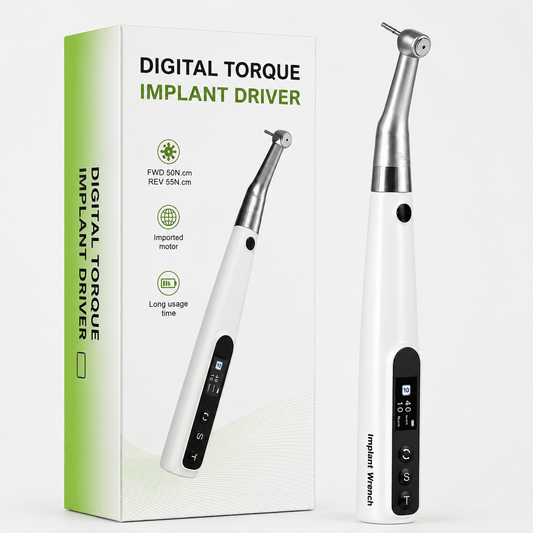 Digital torque implant driver with packaging on a white background