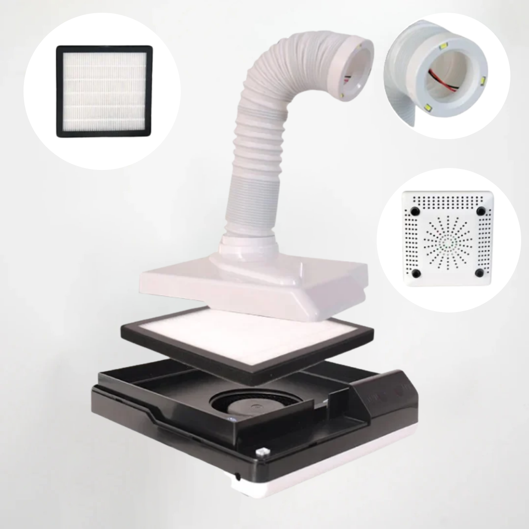 Dust collection system with various components on a light gray background