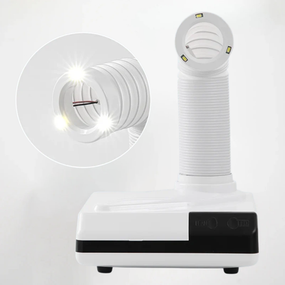 White hair dryer with flexible nozzle on a white background