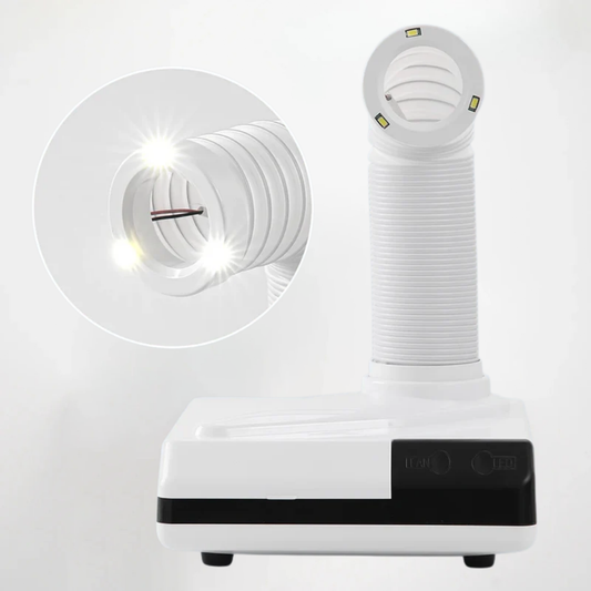White hair dryer with flexible nozzle on a white background