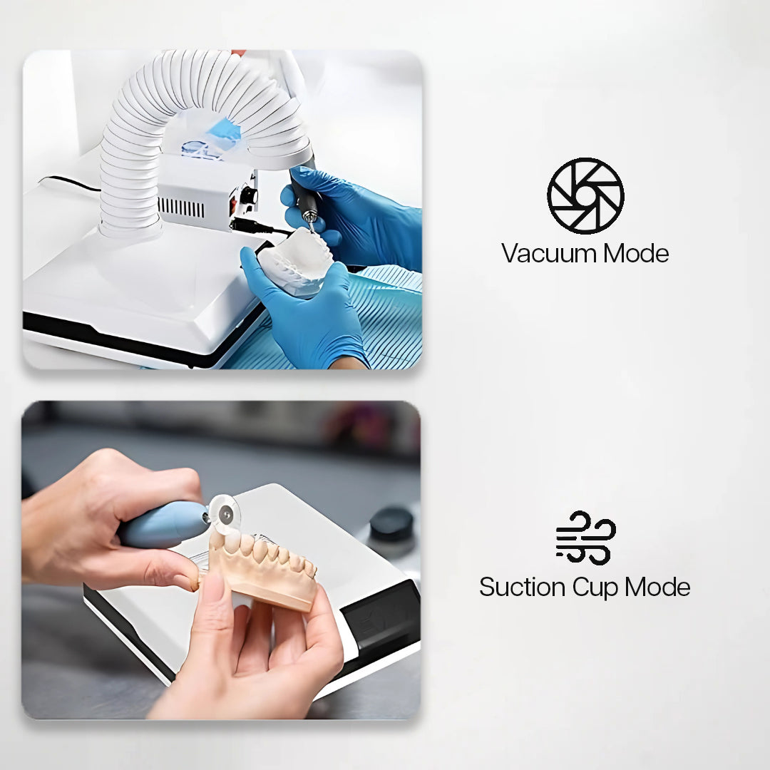 Two modes of a dental tool with vacuum and suction cup functions, shown with hands in blue gloves.