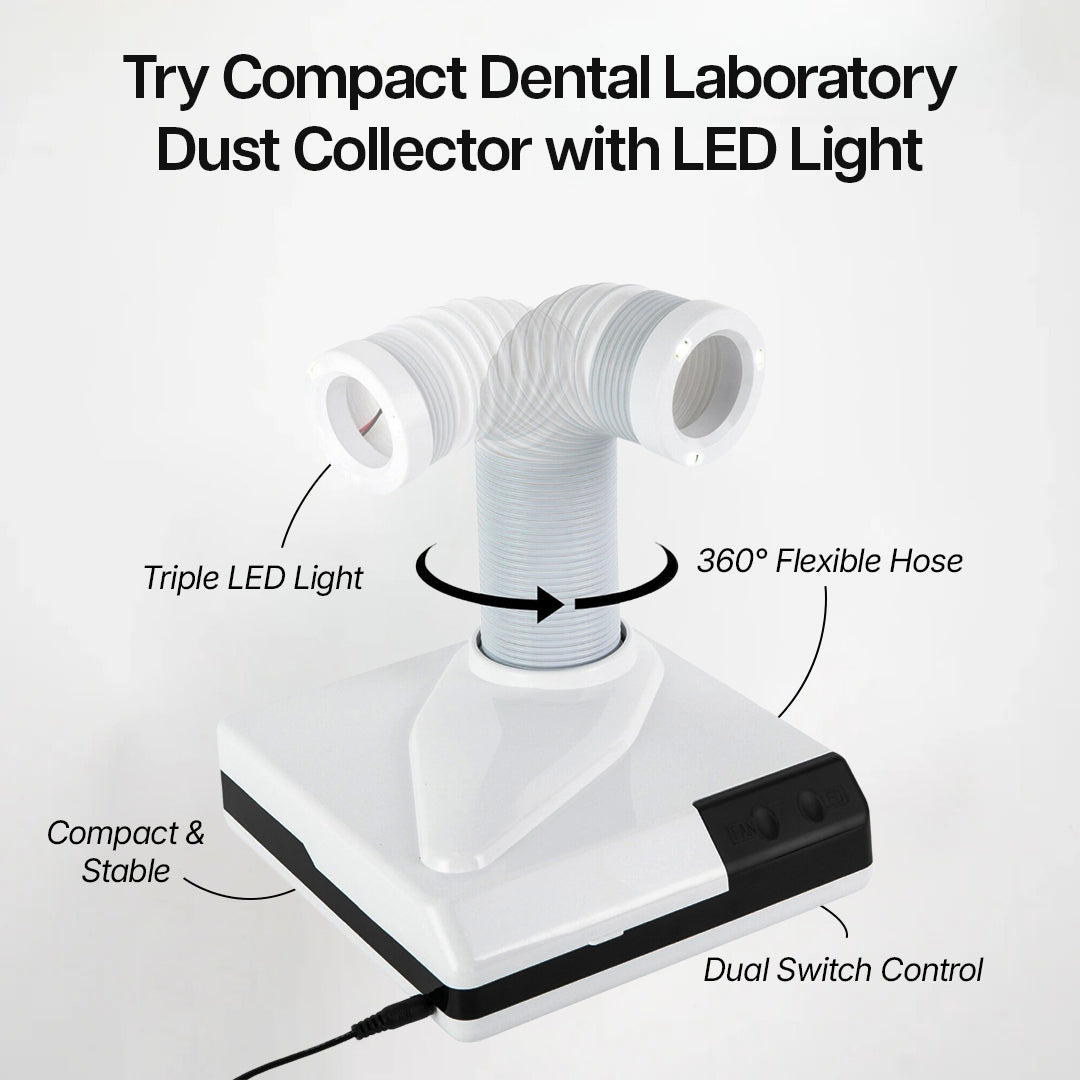 Compact dental laboratory dust collector with LED light on a white background
