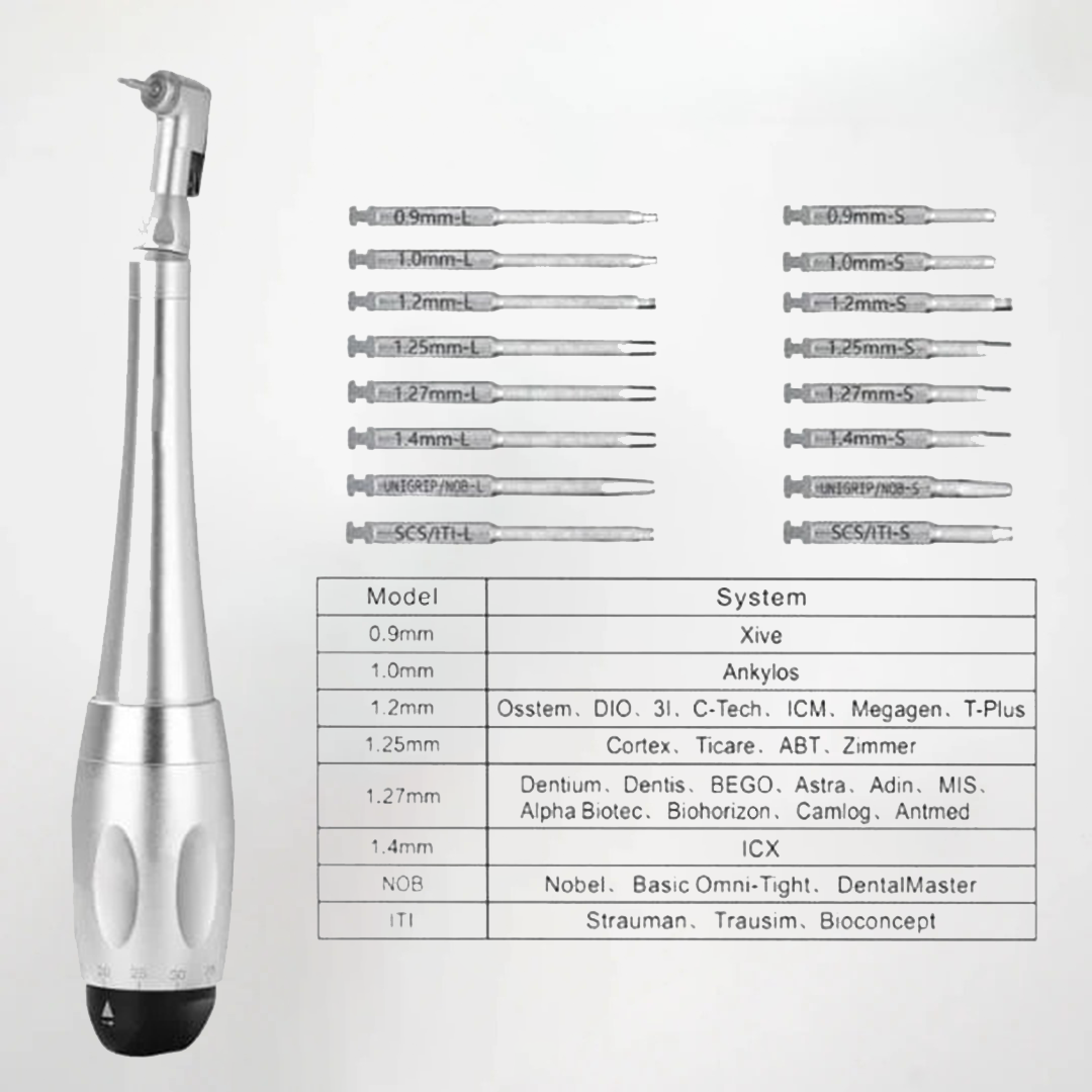 Dental tool with interchangeable probes and compatibility chart on a white background