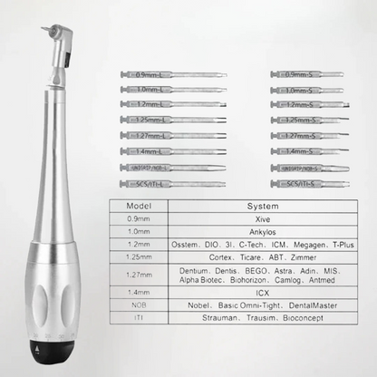 Dental tool with interchangeable probes and compatibility chart on a white background