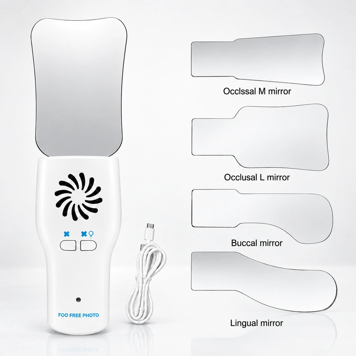 Anti-fog intraoral photography mirror kit with LED handle, charging cable, and four mirror sizes