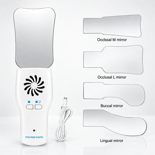 Anti-fog intraoral photography mirror kit with LED handle, charging cable, and four mirror sizes