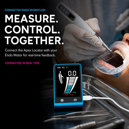 dentist using an endo motor on a patient with the apex locator screen nearby