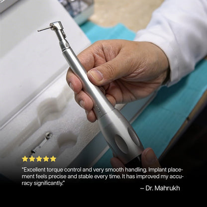 Hand holding dental tool with positive review text overlay