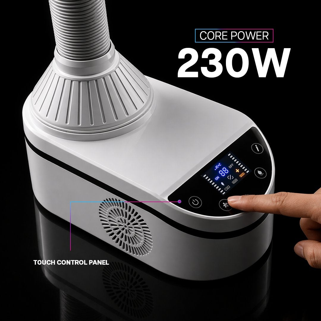 White electronic device with digital display and control panel on a black background, featuring 'CORE POWER 230W' text.