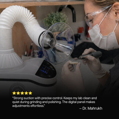 Person in a dental lab using a dental machine with a quote from Dr. Mahrukh.