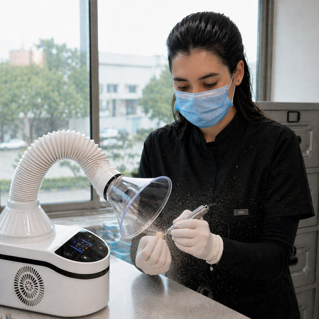 Person using a dental tool with a machine in a clinical setting