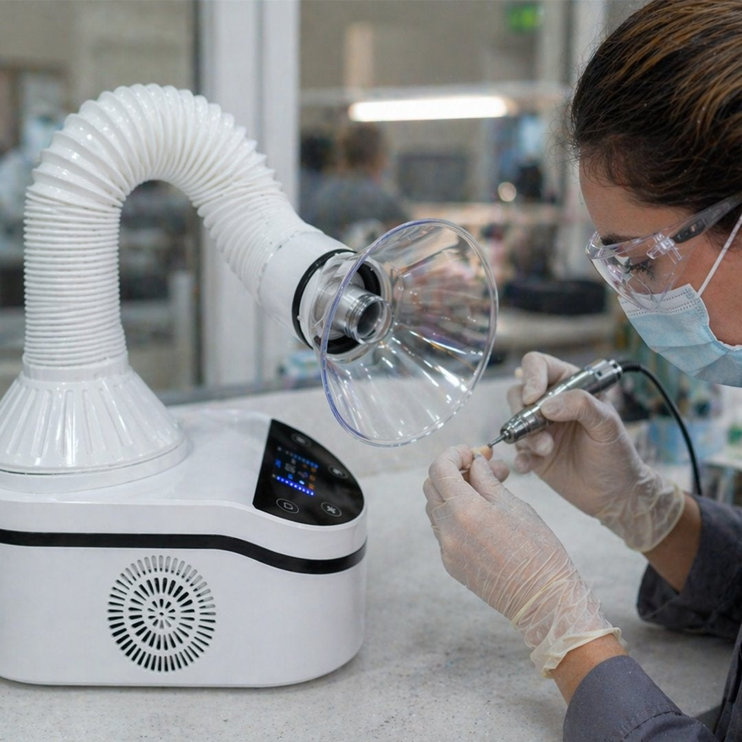 Person wearing protective gear working on a medical device in a laboratory setting