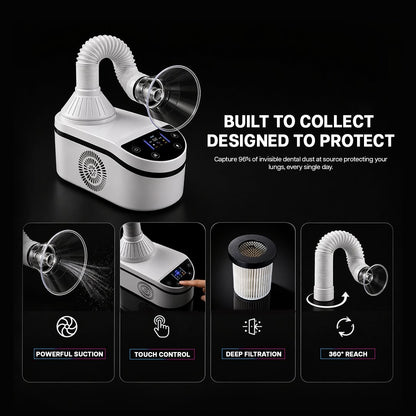 Dental dust collection system with features highlighted on a black background