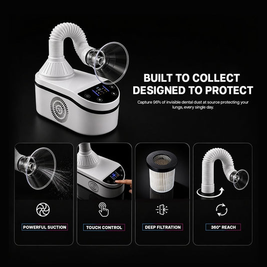 Dental dust collection system with features highlighted on a black background