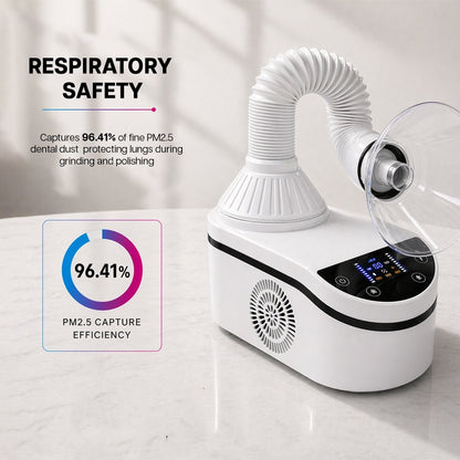 Respiratory safety device with a hose and digital display on a light background