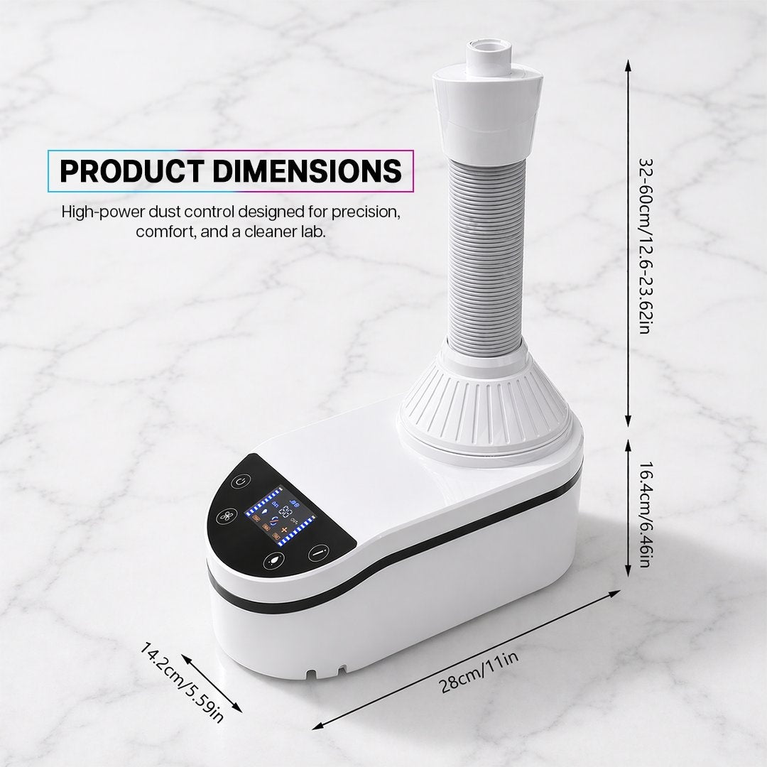 White electronic device with digital display on a white background, showing product dimensions.