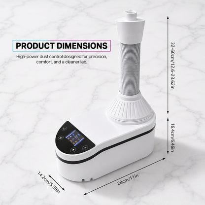 White electronic device with digital display on a white background, showing product dimensions.