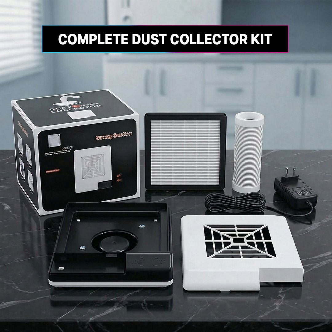 Complete dust collector kit with various components on a dark surface