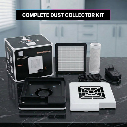 Complete dust collector kit with various components on a dark surface