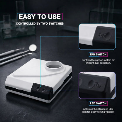 Dental tool with two switches labeled 'Fan Switch' and 'LED Switch' on a dark background.