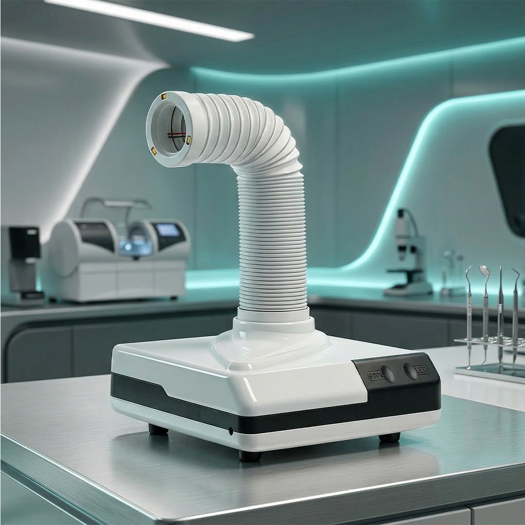 White and black device with flexible hose on a reflective surface, futuristic background