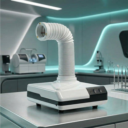 White and black device with flexible hose on a reflective surface, futuristic background