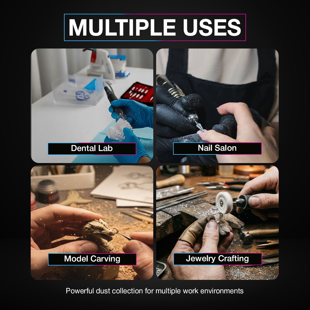 Collage of a tool in use in dental lab, nail salon, model carving, and jewelry crafting environments with text 'Multiple Uses'.