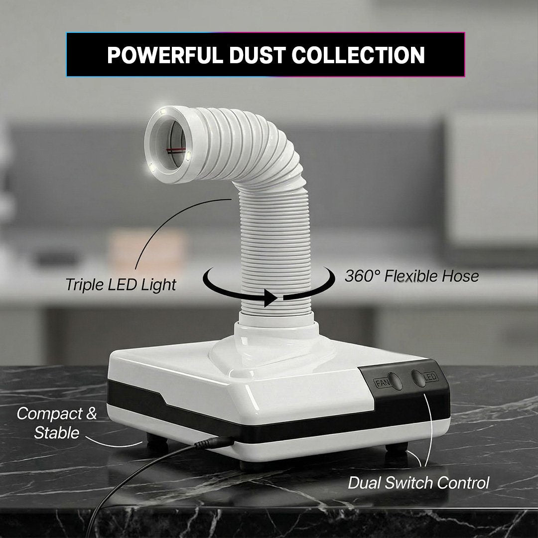 Dust collection tool with flexible hose and LED light on a marble surface