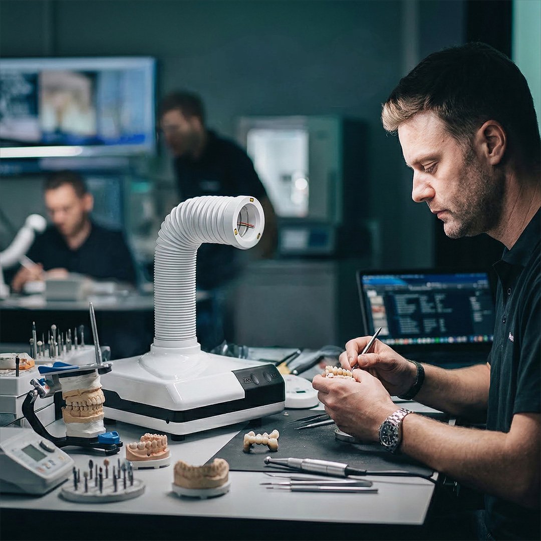 Person working on dental models with a machine in a laboratory setting