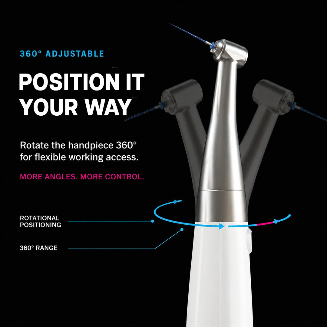 white endodontic motor handpiece rotating to show its 360-degree adjustment
