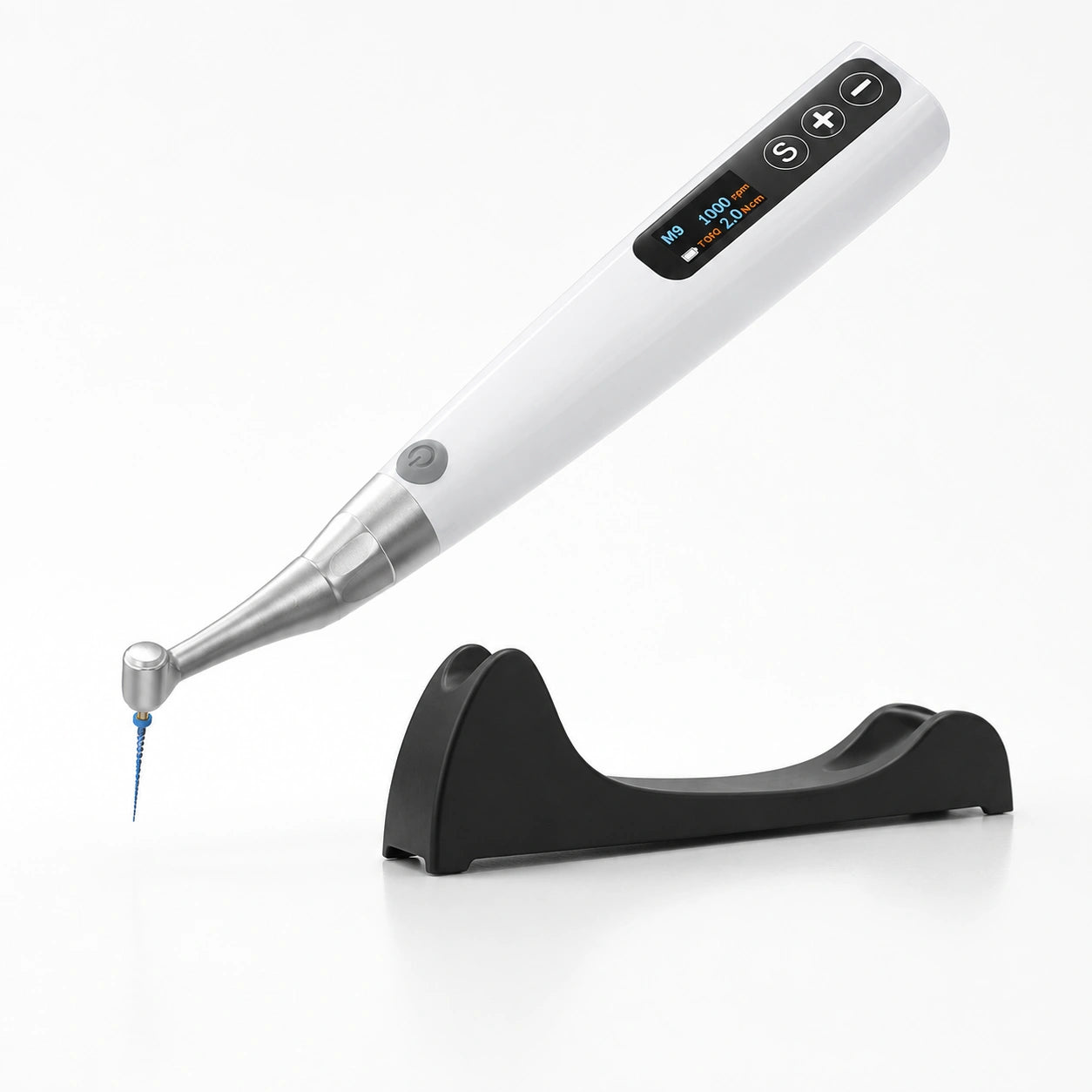 white cordless endodontic motor with a file attached, next to its stand
