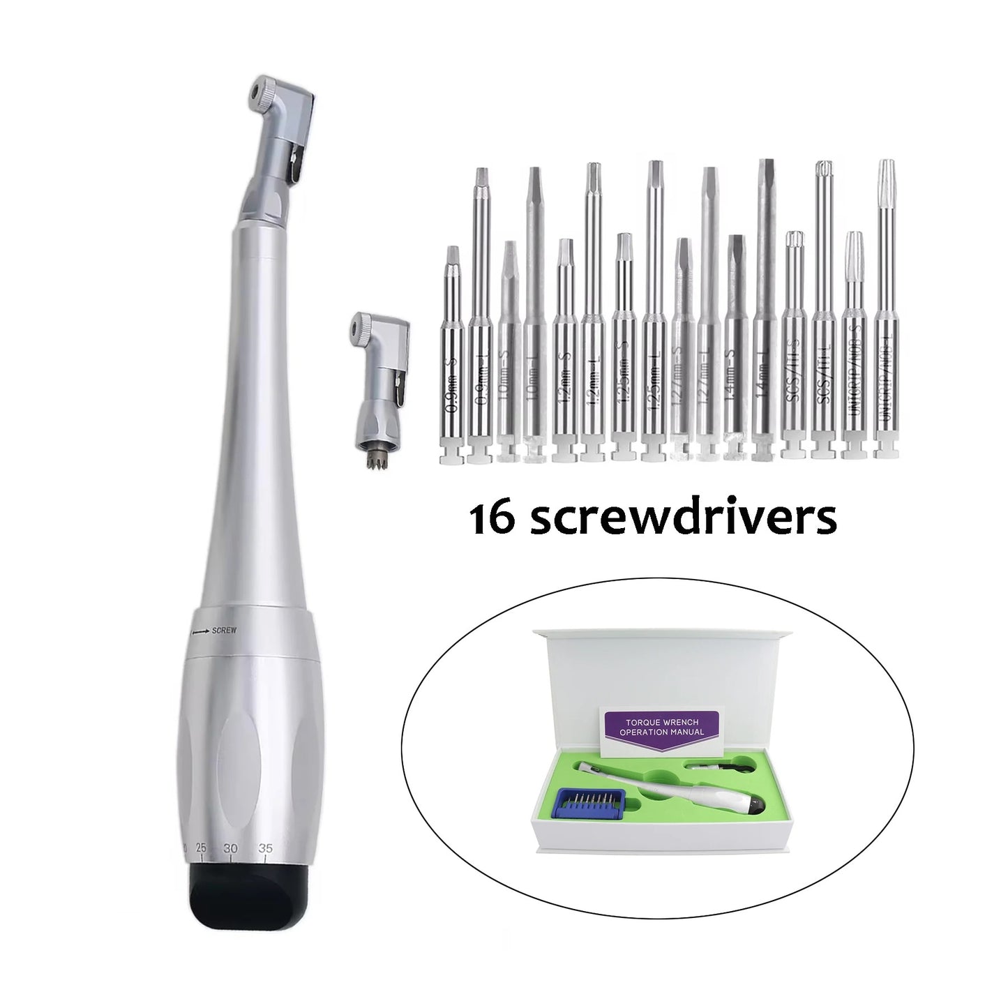 Dental tool with multiple screwdriver attachments on a white background