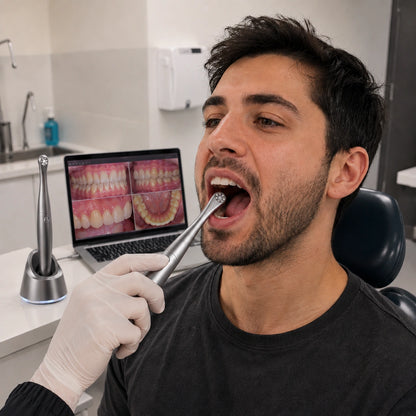 Dentist using intraoral camera on patient with live images on laptop screen.