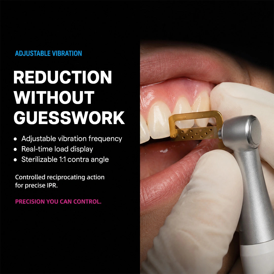 interproximal reduction motor with a strip attachment working between front teeth