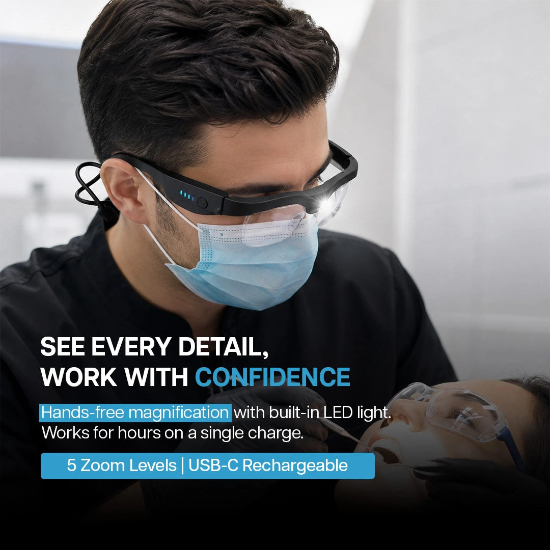 Dentist wearing LED magnifying glasses while examining a patient.