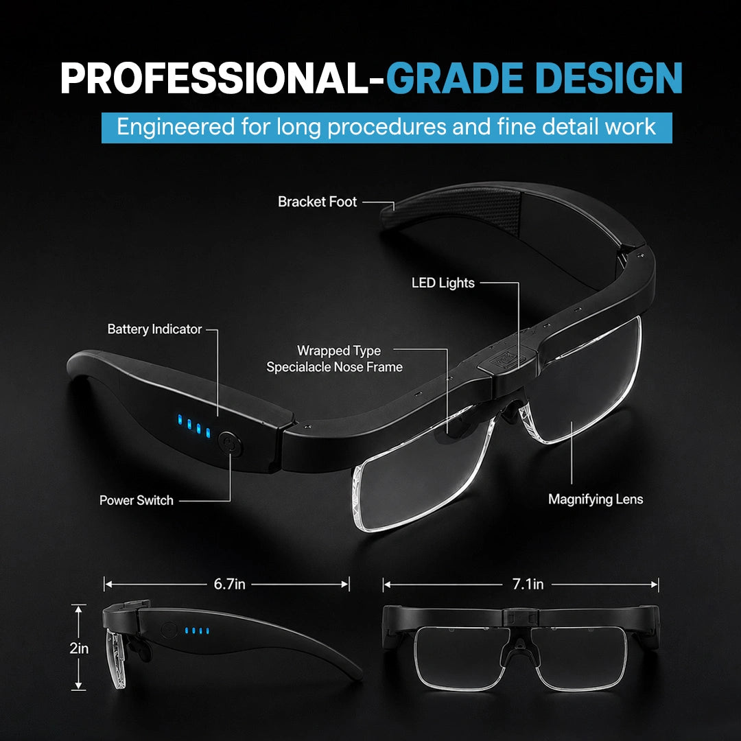 LED magnifying glasses with labeled parts and dimensions.