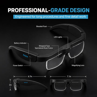 LED magnifying glasses with labeled parts and dimensions.