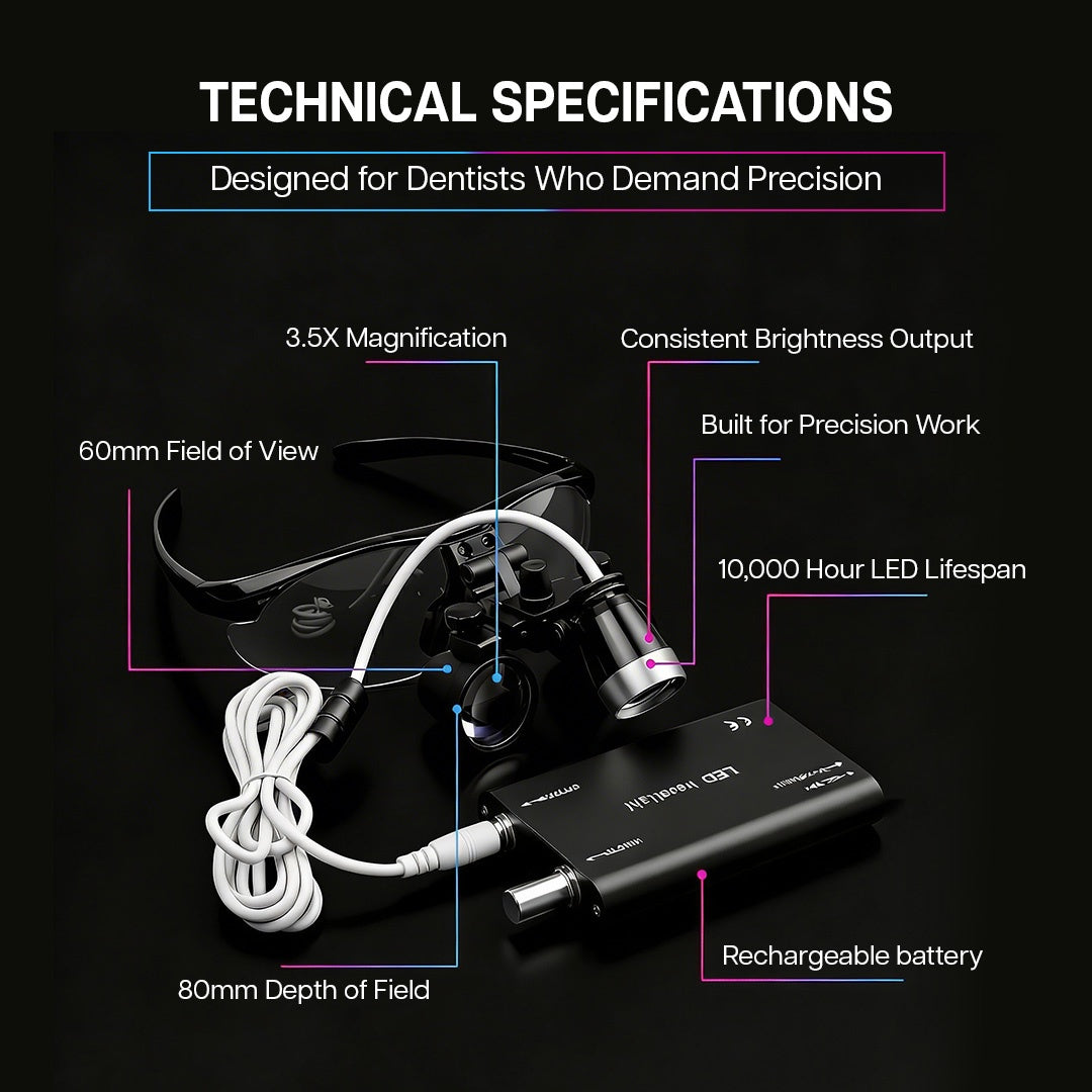 dental binoculars specifications showing 3.5x magnification and rechargeable battery