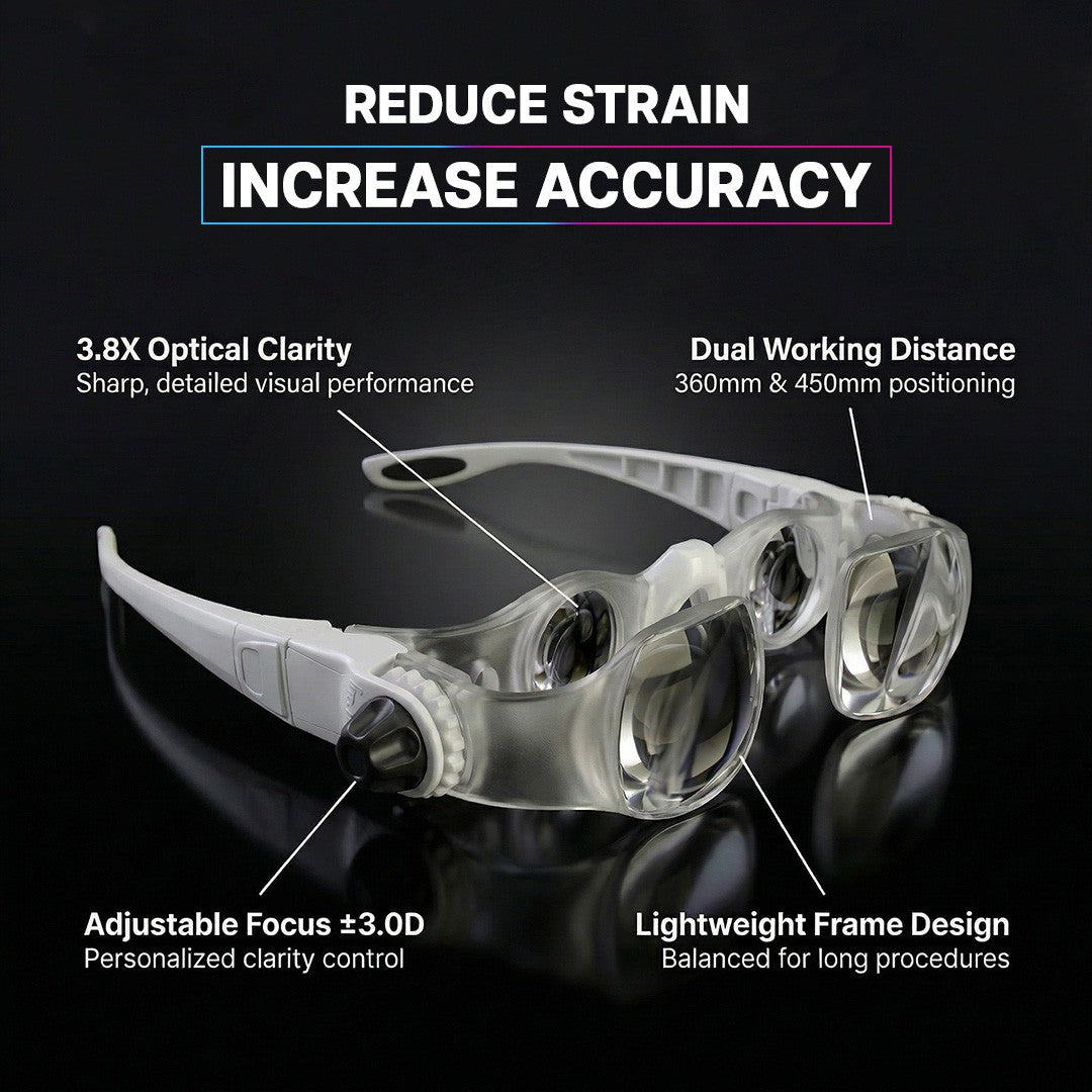 Eyeglasses with text highlighting features on a black background