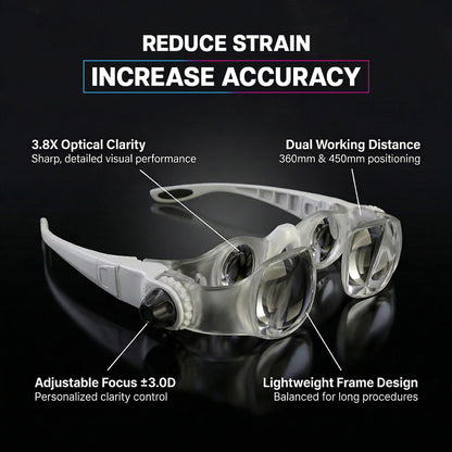 Eyeglasses with text highlighting features on a black background